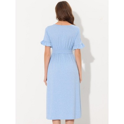 Blue Smocked High Waist Button Midi Dress with Flutter Sleeves
