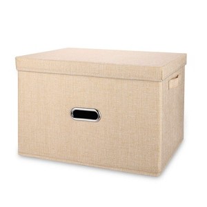 Aoibox Linen Fabric Collapsible Storage Bin with Removable Lid and Handles Washable Cube Box Khaki Medium for Closet Bedroom Nursery Office - 1 of 4