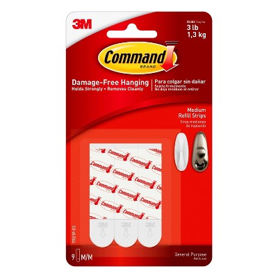 Command 9 Strips Medium Sized Refill Strips Tape White: 3M Adhesive Hooks, Plastic, 3 lb Capacity, 9 Pack