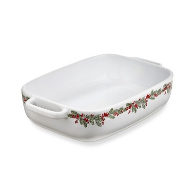 tag "Farmhouse Christmas" Collection White Stoneware with Holly Trim Rectangular Baking Dish, 13.6L x 8.25W x 2.75H-in. 88.0 oz,