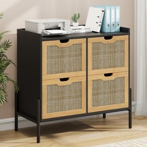 Lateral File Cabinet with Adjustable Hanging File Drawers, Rattan Storage Printer Stand, Natural - 1 of 4