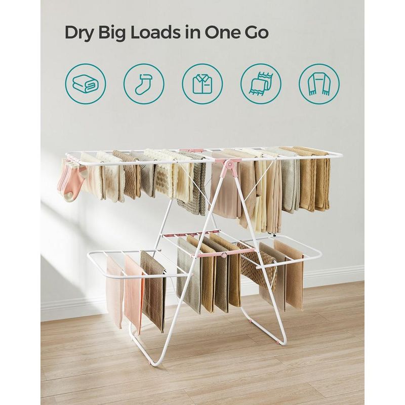 SONGMICS Clothes Drying Rack Foldable 2-Level Laundry Drying Rack, Free-Standing Large Drying Rack with Height-Adjustable Wings, 4 of 9