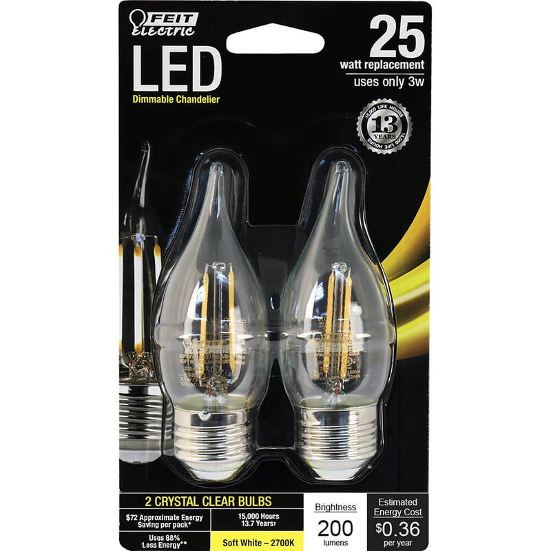 Feit Electric CA10 E26 (Medium) LED Bulb Soft White 25 Watt Equivalence 2 pk, 2 of 6