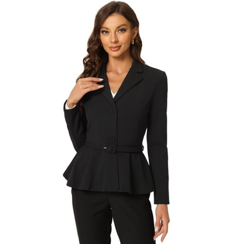 Allegra K Women's Vintage Ruffle Hem Belted Notched Lapel Office Work Blazers X-Small Black