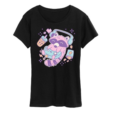 Women's - Instant Message - Kawaii Racoon Gamer Short Sleeve Graphic T-Shirt
