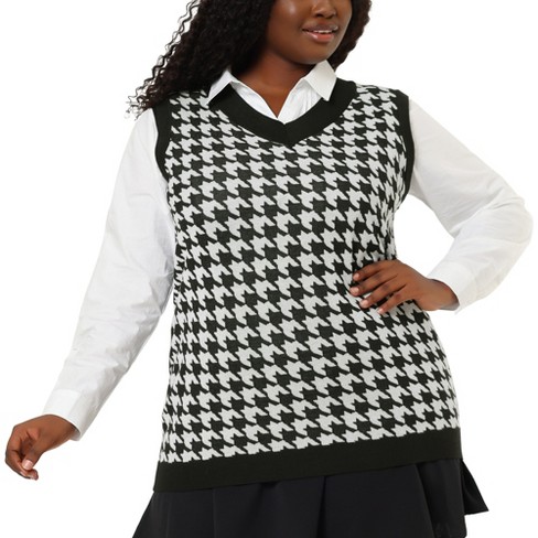 Agnes Orinda Women's Plus Size Sleeveless Houndstooth Knit Pullover Sweater  Vest Black White 2X