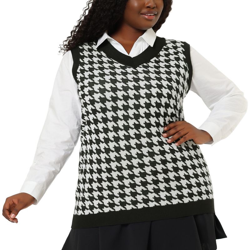 Agnes Orinda Women's Plus Size Sleeveless Houndstooth Knit Pullover Sweater Vest, 1 of 7