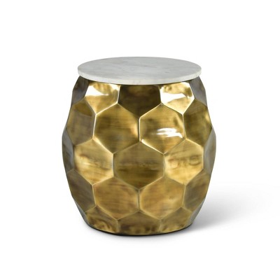 Brass and White Marble Round End Table with Textured Base