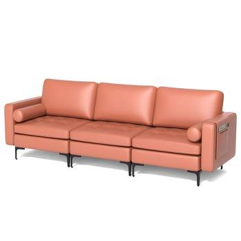 Costway Modern Modular 3-Seat Sofa Couch with  Side Storage Pocket & Metal Leg Coral Pink/Grey