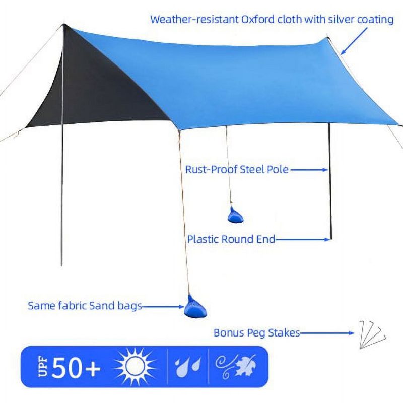 SKONYON Family Beach Tent Canopy with 6 Poles Sandbag Anchors 10x10 Portable Sun Shelter for Stability UPF50+ Blue, 4 of 9