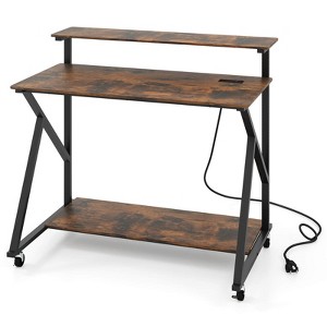 Costway Rolling Computer Desk with Charging Station Monitor Stand Storage Shelf for Writing Rustic Brown/Black - 1 of 1