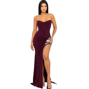 Slickblue Beaded Embroidered Maxi Dress with Side Slit, Sweetheart Neck & Zipper Back, Black/Hunter Green/Maroon, Size S-L - 1 of 4