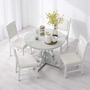 5-Piece Retro Dining Table Set with Extendable Round Table, 16-Inch Leaf, 4 Upholstered Chairs, Solid Wood & MDF, Ideal for Dining Room, Kitchen - 1 of 4
