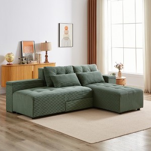 Convertible 3-in-1 Corduroy Sleeper Sectional Sofa with Storage & 4 Pillows, Modular Couch Bed with Ottoman for Living Room - 1 of 4