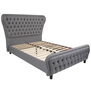 Transitional Cinched Tufted Upholstered Platform Bed with Accent Nail Trim Full Light Gray - Riverstone Furniture Collection