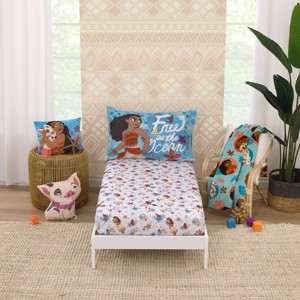 Disney Moana Free as the Ocean Aqua, Purple, Orange, and White Tropical 2 Piece Toddler Sheet Set - Fitted Bottom Sheet and Reversible Pillowcase - 1 of 4