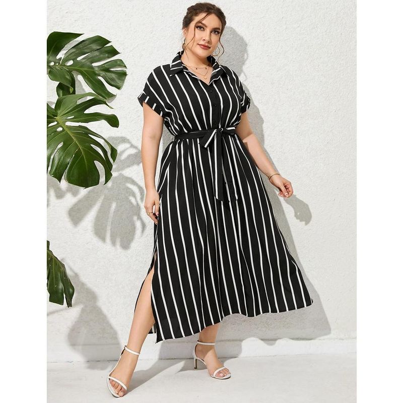 Plus Size Maxi Dresses for Women Summer Tie Belt Work Polo Dress Business Casual Button Down Dress, 3 of 6