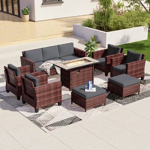 Sonkuki 8 Pieces Patio Sofa with Rectangle Fire Pit Table and Ottomans, Wicker Conversation Couch, Light Gray Cushion - 1 of 4