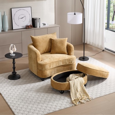 Chenille Accent Chair with Storage Ottoman, Upholstered Armchair Reaging Chair Barrel Chair - ModernLuxe