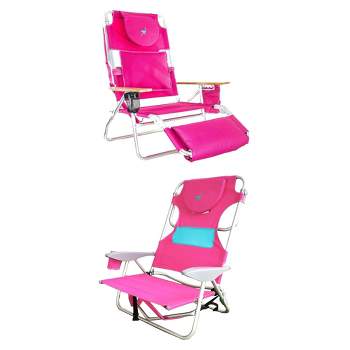 Ostrich Deluxe 3-in-1 Sunbathing Chair and Ladies Comfort On-Your-Back Adjustable & Portable Beach Chair with Carry/Backpack Straps & Cup Holder, Pink