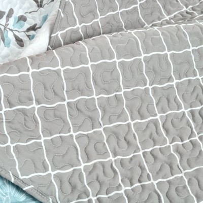 Blue and Gray Reversible Floral Microfiber Full Quilt Set