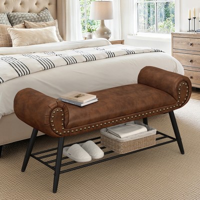 Arceso End of Bed Bench, Modern Bedroom Upholstered Shoe Benches, Ottoman with Metal Frame and Solid Shelf for Bedroom, entryway, Living Room，Foyer