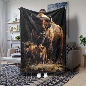 Buffalo Family Print Flannel Blanket, All Season Polyester Fiber Throw for Baby, Kids, Car Nap, 3D Animal Design, Christmas Gift. - 1 of 4