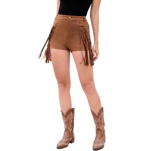Women's Fringe Trim Faux Suede Shorts 70S Hippie Hight Waist Tassle Bottom - 1 of 4