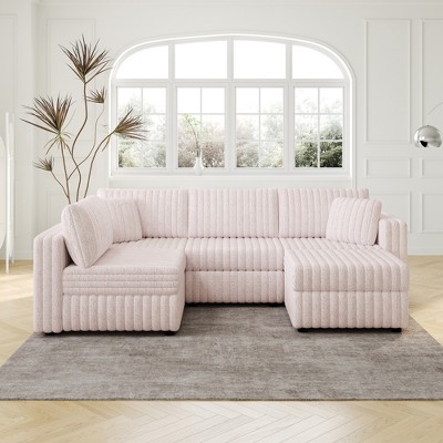 106.3'' Acrylic Imitation Rabbit Plush U-Shaped Sectional 4-Person Sofa with Hydraulic Lift Ottoman, Built-In Storage, and Washable Cushions