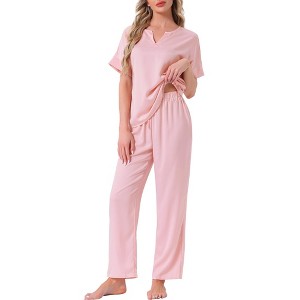INSPIRE CHIC Womens Silky Pajama Sets Soft Lounge Sets Summer Pajamas Satin Short Sleeve V-neck - 1 of 4