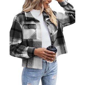Zeagoo Womens Fashion Cropped Flannel Shacket Jacket Plaid Button Down Shirt Trend Casual Cozy Coat Tops - 1 of 4