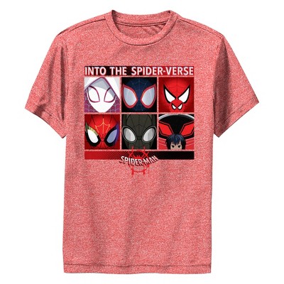 Boy's Marvel: Spider-Man: Into the Spider-Verse Mask Collage  Performance Tee - Red Heather - Large