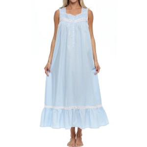 ADR Women's Cotton Nightgown, Sleeveless Lace Trimmed Button Up Long Vintage Night Dress Gown - 1 of 4