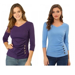 INSPIRE CHIC Women's V Neck 3/4 Sleeves Solid Knitted Buttons Decor Ruched Blouse 2 Packs - 1 of 4