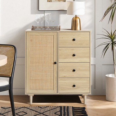 White Oak and Rattan 4-Drawer Storage Cabinet