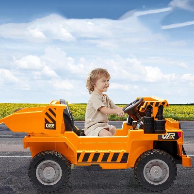 12V Kids Electric Ride-On Construction Dump Truck with Remote Control, 4WD, Working Dump Bed/Shovel, Bluetooth Music, USB Charger, LED Lights