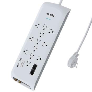 Digital Energy® 12-Outlet Surge Protector Power Strip with 2 USB Ports (180 In.; White)
