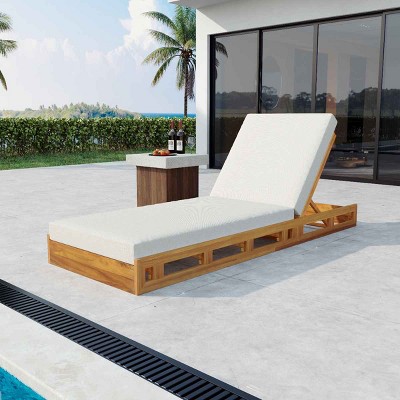 Patio Chaise Lounge Set with Adjustable Backrest, Curved Slatted Chaise with 4-Inch Cushion, Acacia Wood Frame Chaise Lounge-Coolbibila