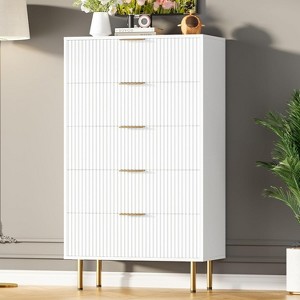 Modern Fluted 5/6/7 Drawer Dresser, Large Natural Wood Chest of Drawers with Gold Handles, Bedroom Storage Organizer, Stylish Dresser - 1 of 4