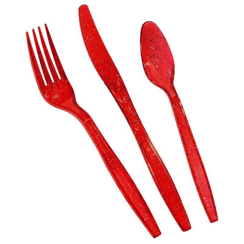 Juvale 144 Pieces Plastic Silverware Cutlery Utensils Set with Forks, Knives, Spoons for Birthday Party Supplies, Red Glitter, 5 of 7