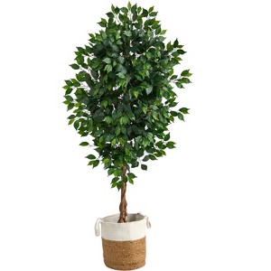 Nearly Natural 6-ft Ficus Artificial Tree with Natural Trunk in Handmade Natural Jute and Cotton Planter - 1 of 3
