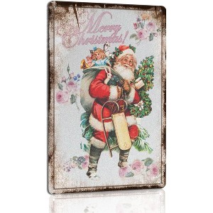 Lomsoe Vintage Santa Claus Metal Sign - 8x12 Inch Rustic "Merry Christmas!" Wall Art Decor - Retro Christmas Santa Tin Sign Holiday & Xmas Gift - 1 of 4