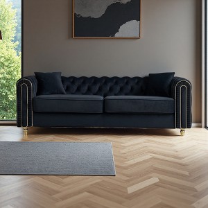 86" Fabric Tufted Sofa with Gold Details & 2 Pillows - 1 of 4