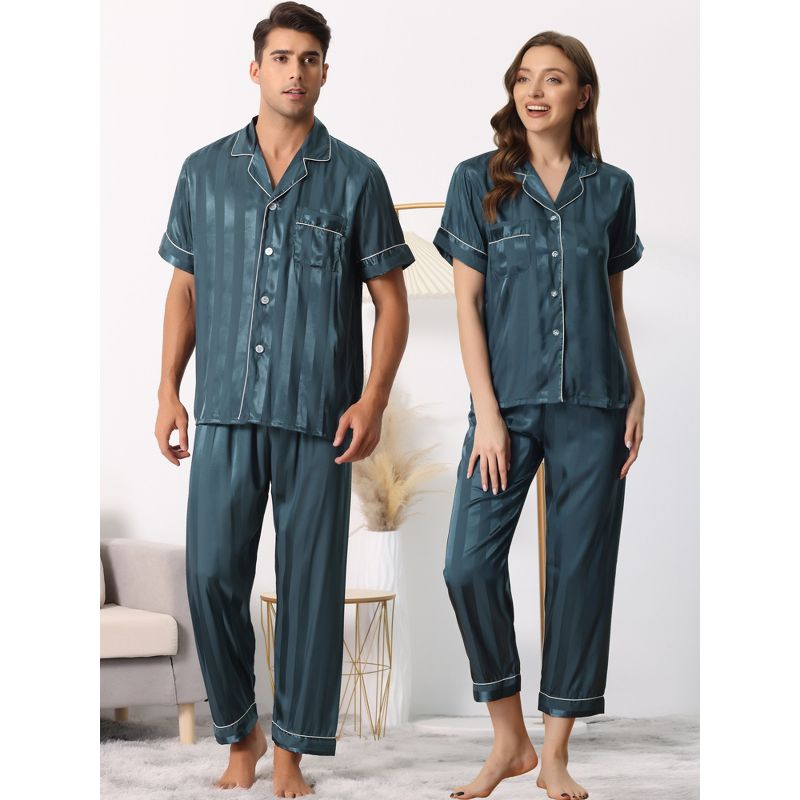 cheibear Men Striped Satin Button Down Short Sleeve Long Pants Pajama Set, 2 of 7