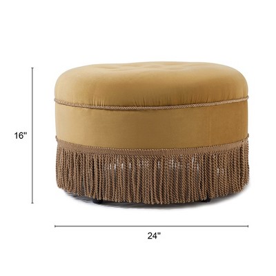 Navy Blue Velvet Tufted Round Ottoman with Fringe