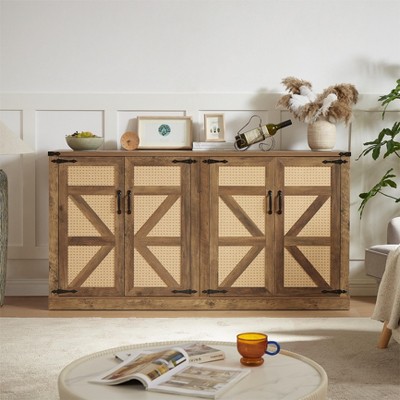NicBex 65" Rustic Rattan Sideboard,Kitchen Storage Cabinets with Handmade Barn Doors and Removable Shelf,Oak/Gray