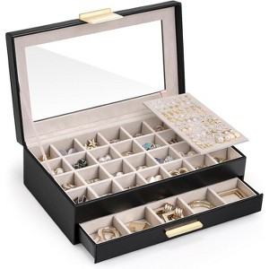 2-Tier Earring Storage Box with Glass Top, Drawer and Grid Organizer for Women, White - 1 of 4