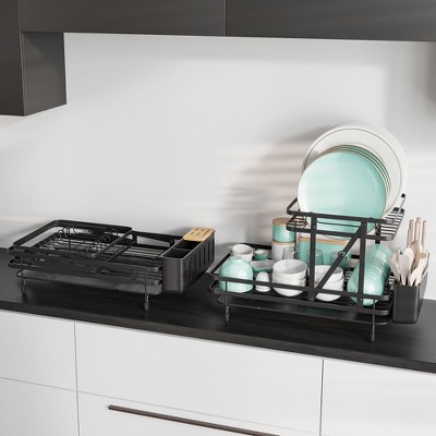 Black Metal and Bamboo 2-Tier Collapsible Dish Drying Rack