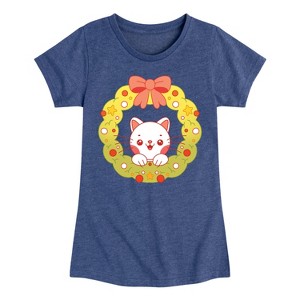 Girls' - Instant Message - Christmas Chibi Cat Wreath Fitted Short Sleeve Graphic T-Shirt - 1 of 4