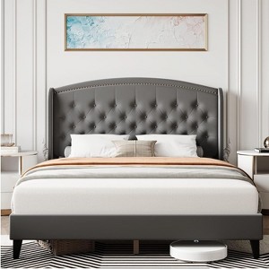 King Size Bed Frame, Soft Velvet Upholstered Platform Bed Frame with Wingback Headboard and Button Tufted Design, Wood Slat Support  (Gray) - 1 of 4